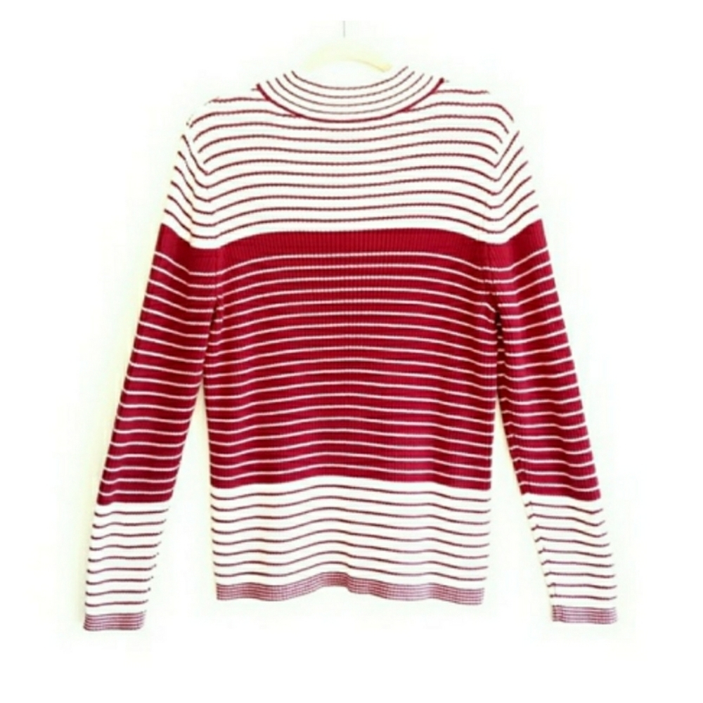 Rib Knit Mock Neck Cotton Striped Sweater